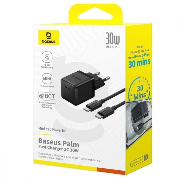 МЗП Baseus Palm Fast Charger 30W (Type-C) 30W + Кабель Type-C to Type-C 60W (1m) black 000012203 фото