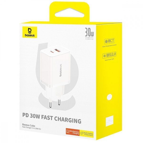 МЗП Baseus Cube Fast Charger 30W (Type-C + USB) white 000012182 фото